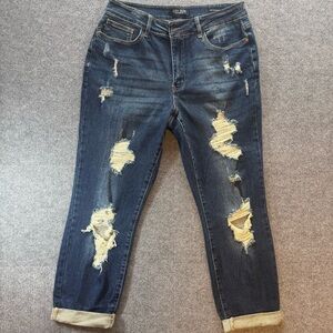 Judy Blue Krystal Destroyed Cuffed Boyfriend Jeans Distressed Dark Wash 14W 35